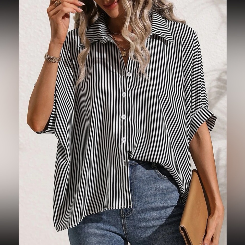 Classic Oversized Loose Fit Stripe Batwing Sleeve Button Down Shirt Top - Picture 3 of 14